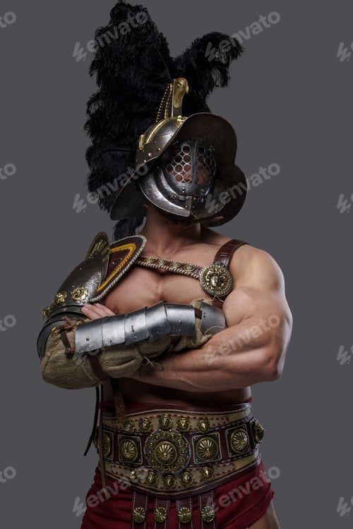 Preview: Strong ancient gladiator with crossed arms against gray background