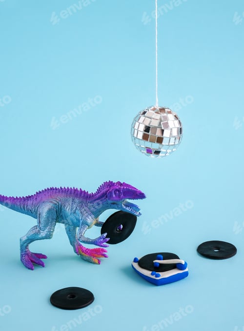 Preview: Cute blue and violet dinosaur toy holding listen vinyl on vinyl record player on blue background.