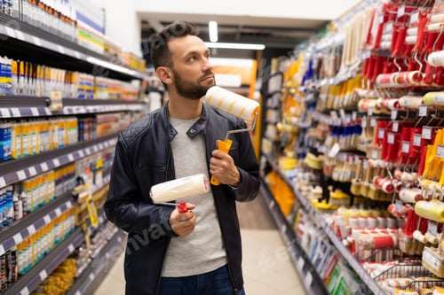 Preview: a man in a hardware store chooses brushes and rollers for painting work