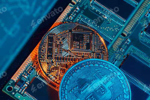 Preview: golden bitcoin and computer chip in background