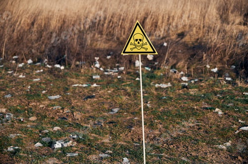 Preview: Warning poison hazard sign in field with garbage.