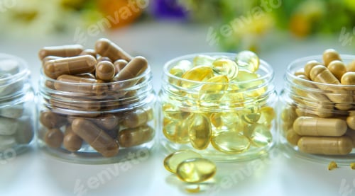 Preview: Homeopathy and dietary supplements from medicinal herbs. Selective focus.