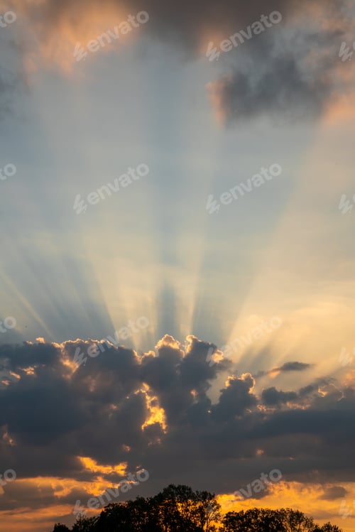 Preview: Vertical shot of beautiful sunset with rays of the sun behind the clouds