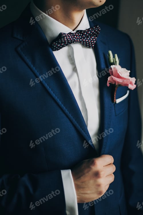 Preview: Groom in blue suit, with bow tie and boutonniere with pink rose posing near window
