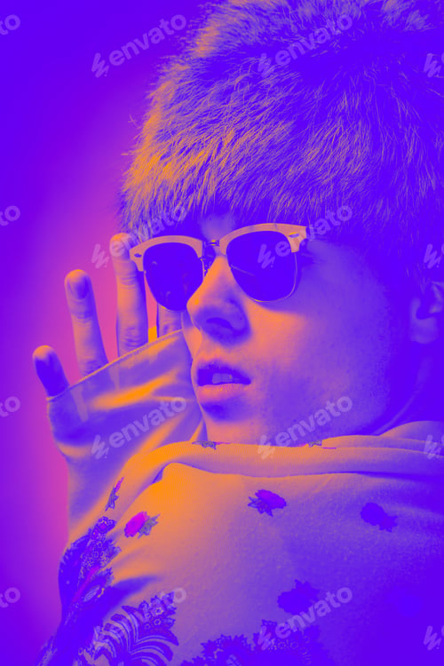 Preview: One Young Adult Man Only, Head Face Closeup, Portrait Colorful, Fashion Photography, Blue Pink Color