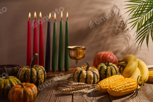 Preview: Kwanzaa. African holiday Kwanzaa with decoration of seven candles and pumpkins