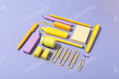 Preview: Concept of different stationery accessories, stationery accessories for office work