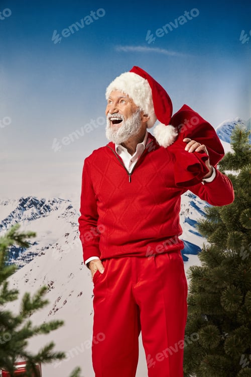 Preview: cheerful Santa holding present bag with one hand in pocket and looking away, Christmas concept