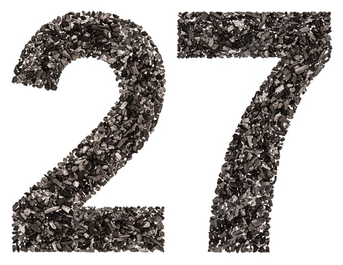 Preview: Arabic numeral 27, twenty seven, from black a natural charcoal, isolated on white background