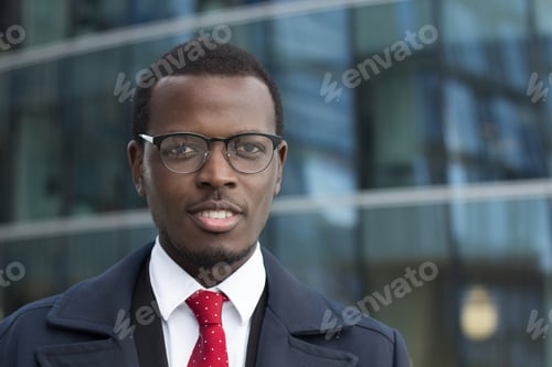 Preview: Young attractive African American executive in black-rimmed eyeglasses looks calm
