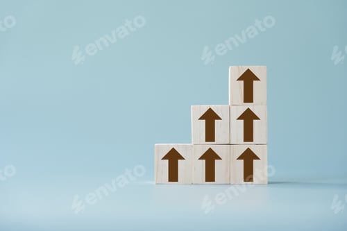 Preview: Group of brown arrows going up on wooden blocks and light blue background