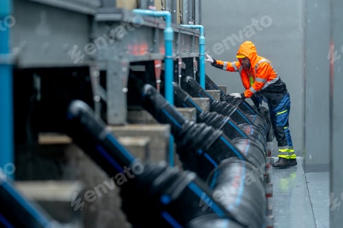 Preview: Wide shot of factory worker or technician with raincoat walk along pipe system and look up