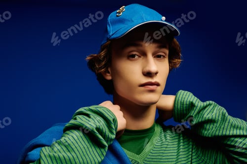 Preview: Fashionable young man showcases modern style in vibrant blue background