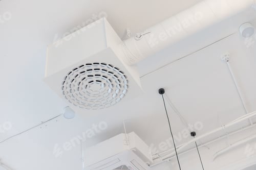 Preview: Ventilation duct system with supply grid painted in white under the ceiling