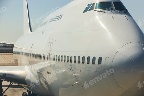 Preview: Huge airplane in the runway. Transportation and tourism industry. Journey