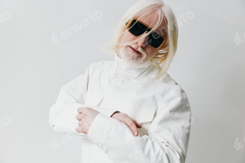 Preview: Portrait of a stylish senior man with long blonde hair wearing sunglasses and a white outfit against