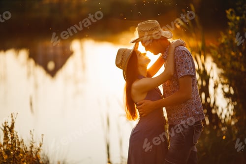 Preview: Portrait of brunette woman and man kissing and embracing face to face