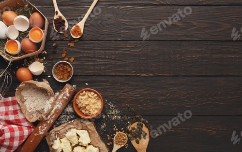 Preview: Cooking ingredients for pie background with copy space