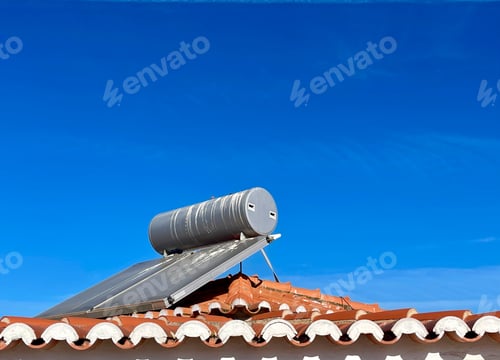 Preview: Solar water heater installed on tile roof of house for environmentally