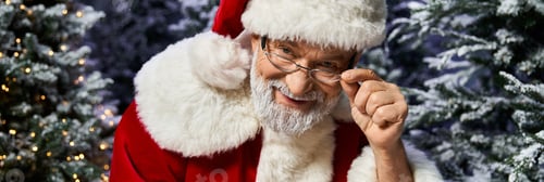 Preview: Santa Claus joyfully engaging with children amidst wintry evergreen trees during the holiday season
