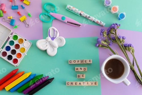 Preview: Coffee and crafting tools on a colorful background