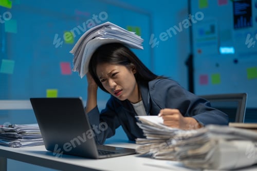 Preview: Asian businesswoman is feeling stressed from working with a lot of paperwork and looking at a laptop