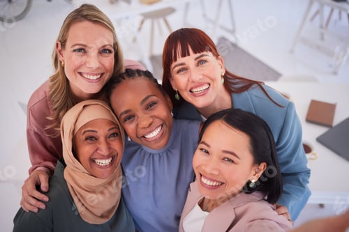 Preview: Creative business people, diversity and smile for selfie, meeting or team building at the workplace