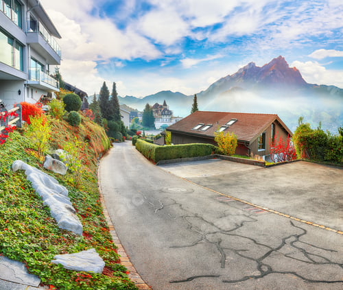 Preview: Exciting autumn view on suburb of Stansstad city and Lucerne lake with mountaines and fog