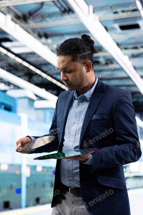 Preview: Man comparing silicon wafers inside semiconductor manufacturing plant