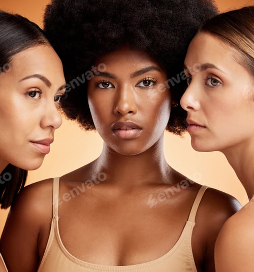 Preview: Beauty, skincare and diversity with model woman in studio on an orange background to promote a well
