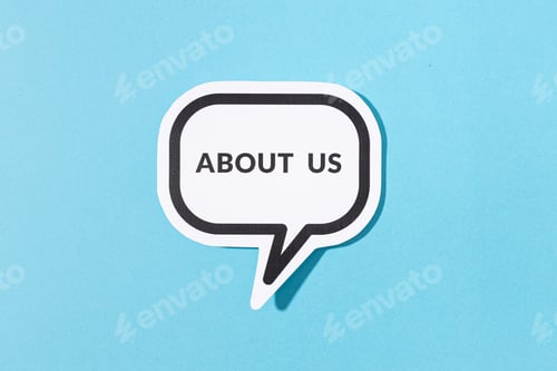 Preview: About Us text on speech bubble isolated on blue background