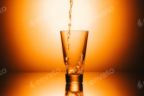 Preview: selective focus of empty glass with flowing tea and splash