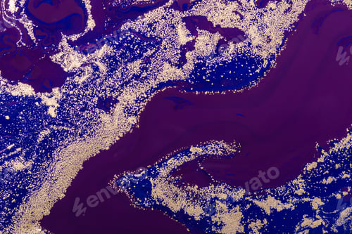 Preview: Acrylic Fluid Art. Luxury Gold sparkles Pattern and blue purple waves. Abstract Art Deco background