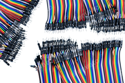 Preview: Ribbon cable or multi-wire planar cable on white background. Flat ribbon cable with pin connectors.