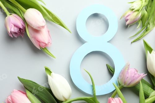 Preview: 8 March card design with tulips on light grey background, flat lay. International Women's Day
