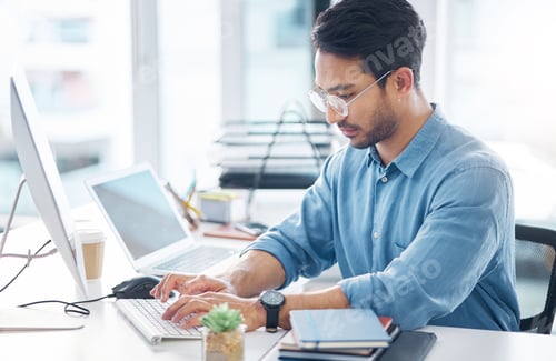 Preview: Serious, business man and typing on computer in office for startup management, planning and agency.