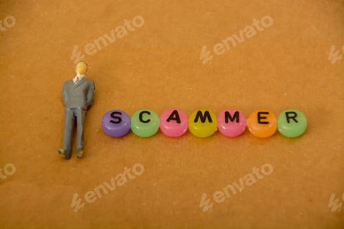 Preview: a businessman with a scammer's text, emphasizing the need for awareness business transactions online