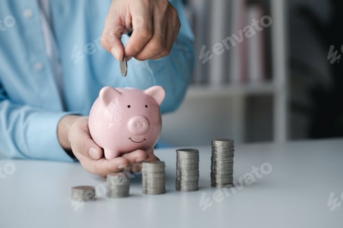 Preview: Person with pile of coins and piggy bank, money saving concept for future use and financial stabilit