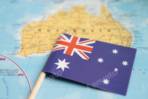 Preview: Bangkok, Thailand December 7, 2023, Australia flag on world map.
