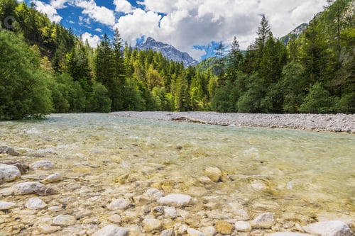Preview: Soca River Flowing Through Lush Forest Surrounded by Majestic Slovenian Mountains