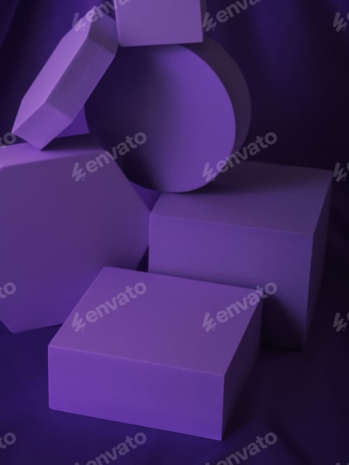 Vista previa: Maqueta de podio de soporte morado de formas geométricas para exhibición de productos sobre fondo de seda