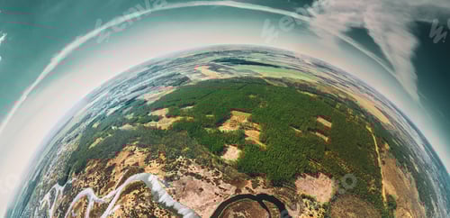 Preview: Aerial View Green Countryside Rural forest river Field Meadow Landscape Sunny summer Day. Top View