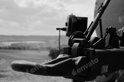 Preview: Grayscale close-up of a trailer hitch details