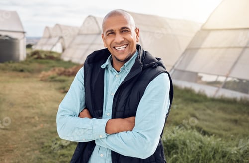 Preview: Black man, farmer and outdoor portrait with arms crossed, smile and happiness for sustainable farm.