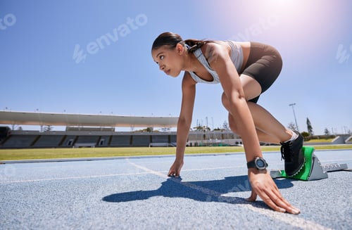 Preview: Athlete, runner and race for a woman running a marathon at a sports track or stadium for exercise,