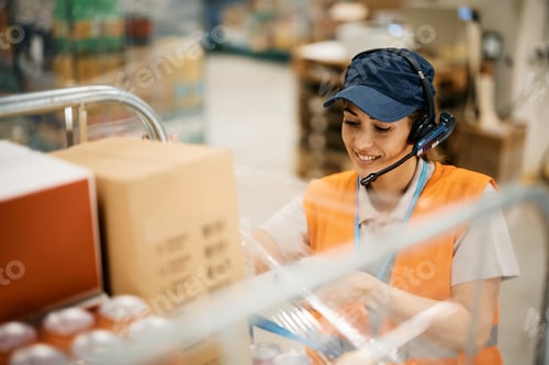 Preview: Happy female worker unpacking rack with merchandise in storage room.