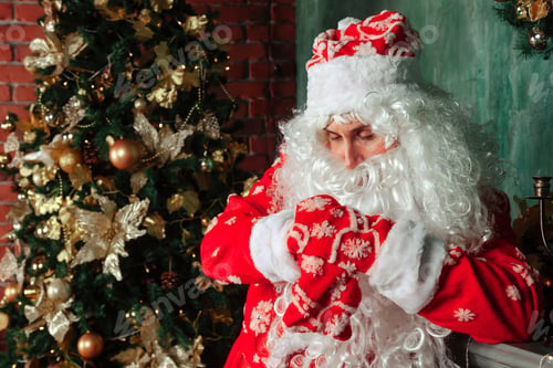 Preview: Portrait of an emotional Santa Claus in decorated living room with Christmas tree