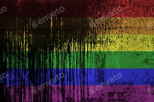 Preview: LGBT community flag depicted in paint colors on old and dirty oil barrel wall close up
