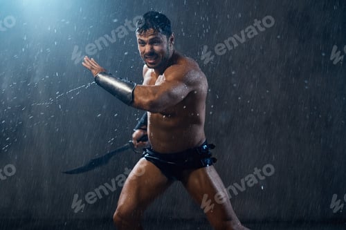 Preview: Shirtless muscular warrior fighting with sword