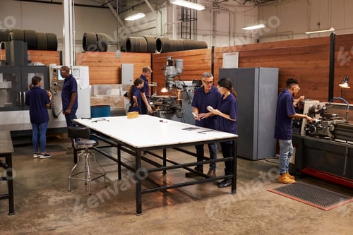 Preview: Engineers Working On Machines In Busy Metal Workshop